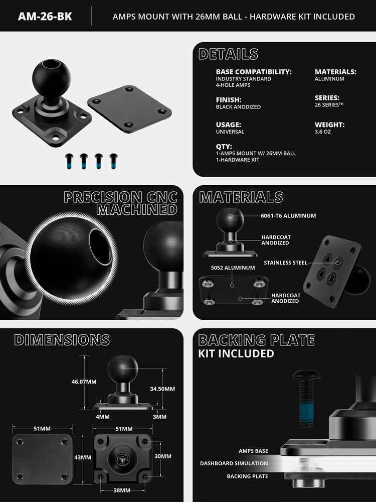 AMPS Mount | Hardware Kit Included | Aluminum | 26mm Metal Ball | Version 3.0