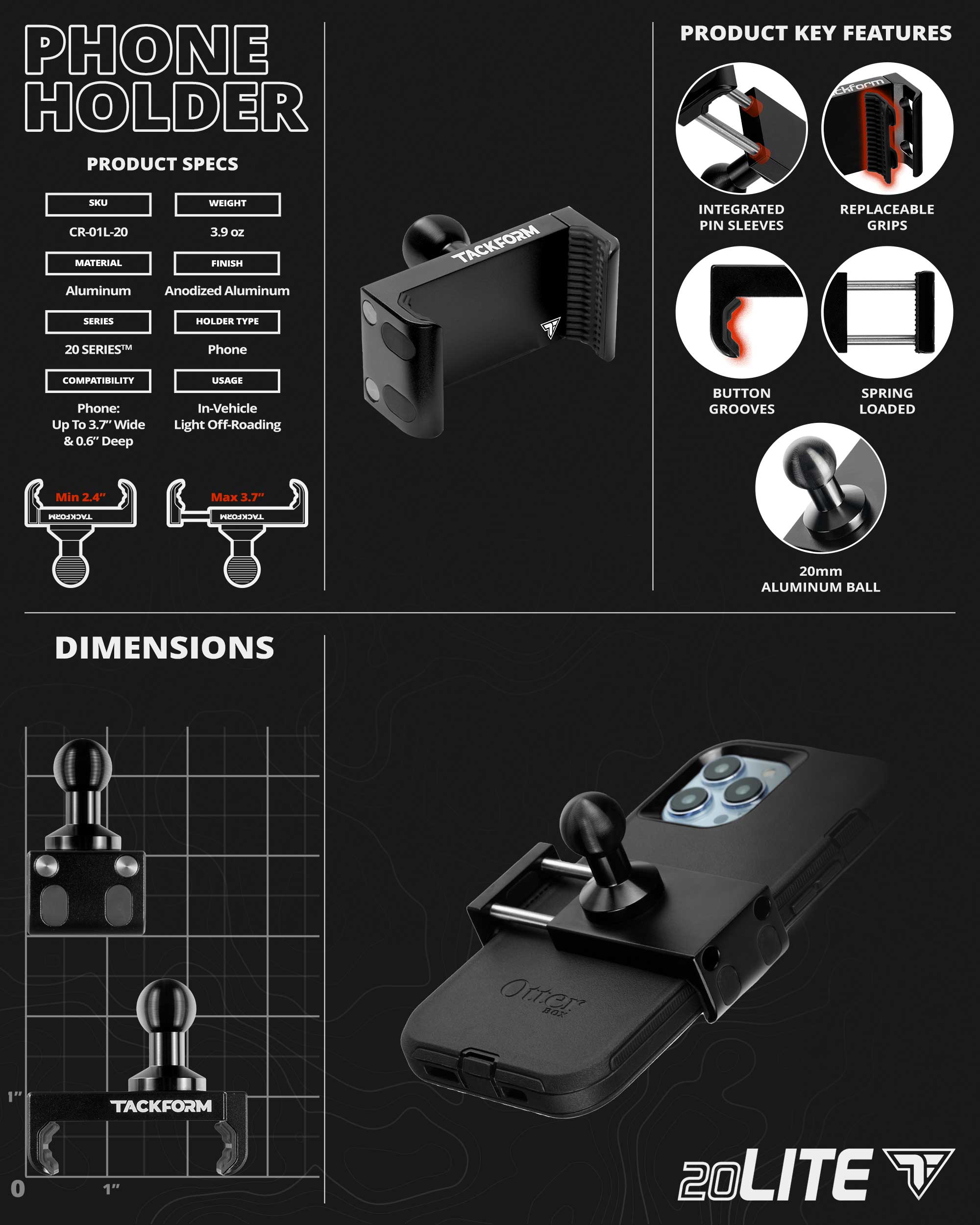 Enduro 20LITE Phone Cradle | 20mm Ball | Light Spring tension | For Semi Truck | Black