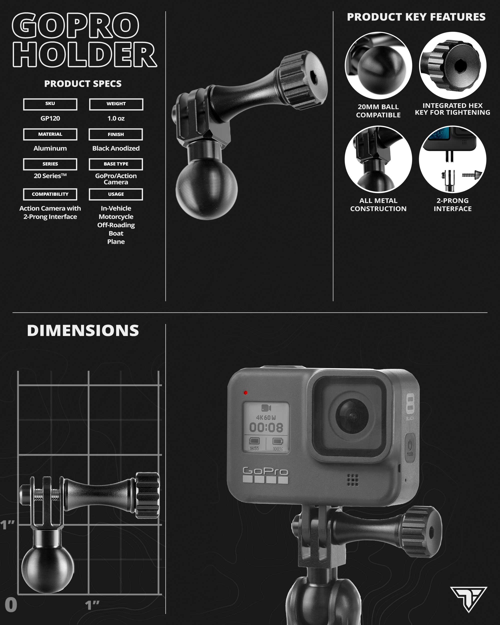 Action Camera Mount for GoPro and More | 20mm Ball | 20 Series
