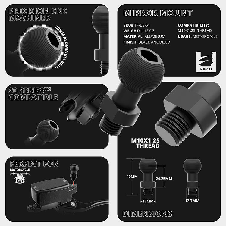 Black Motorcycle Vibration Dampening Phone Cradle | Mirror Hole Mount - M10 x 1.25 Fine Thread Ball | 3.5" DuraLock™ Arm