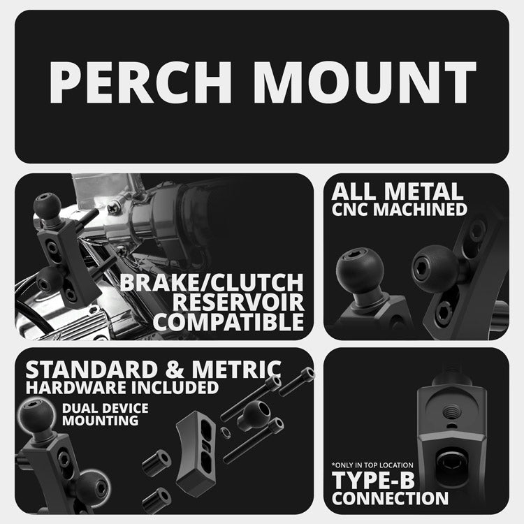 Black Motorcycle Phone Cradle | Dual 20mm Ball - Perch / Brake / Clutch Reservoir Mount | 3.5" DuraLock™ Arm