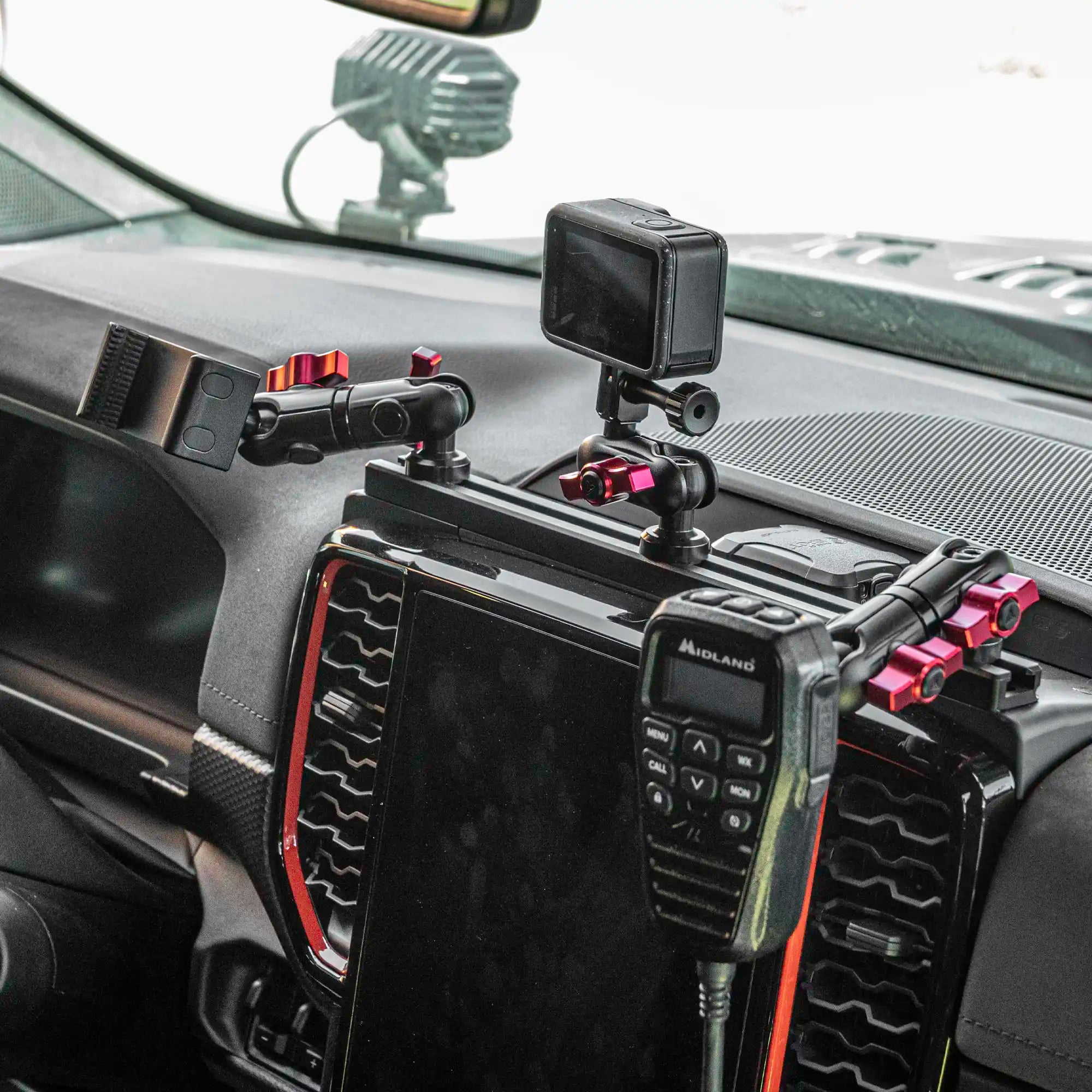 For Ranger Raptor Dashboard with Tackform Slim Track and 20Lite Phone Cradle, GoPro and Midland Radio with Radio Mount