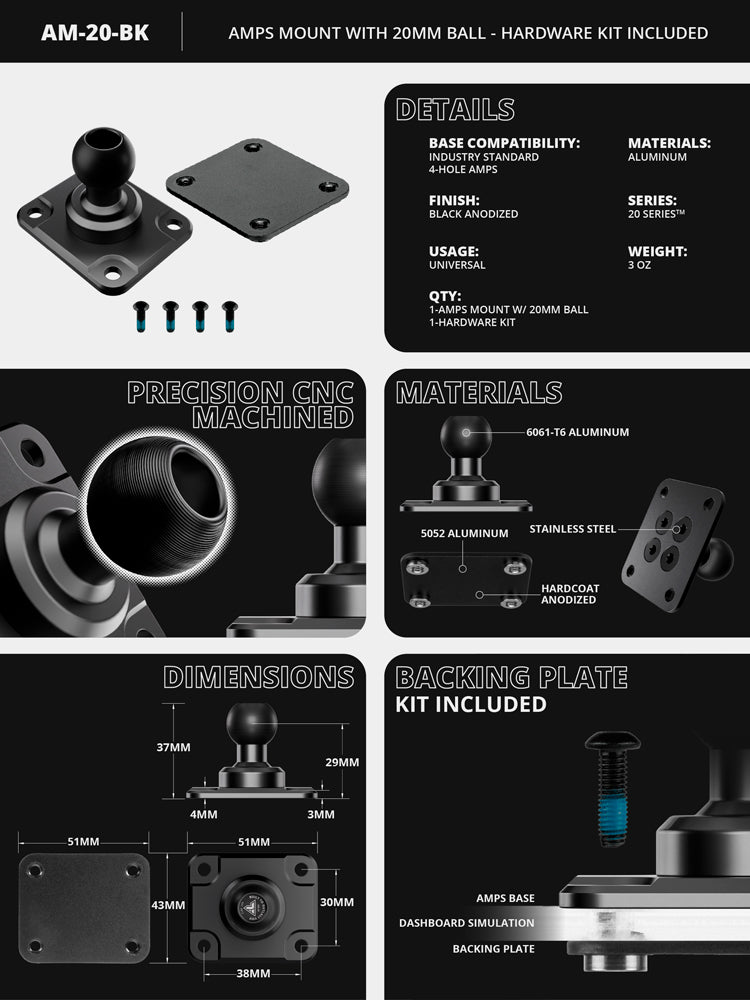 AMPS Mount | Hardware Kit Included | Aluminum | 20mm Metal Ball | Version 3.0