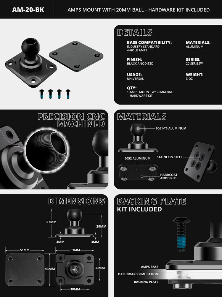 Tackform Systems Tackform AMPS Base Mount With 20mm Metal Ball - Hardware Kit Included