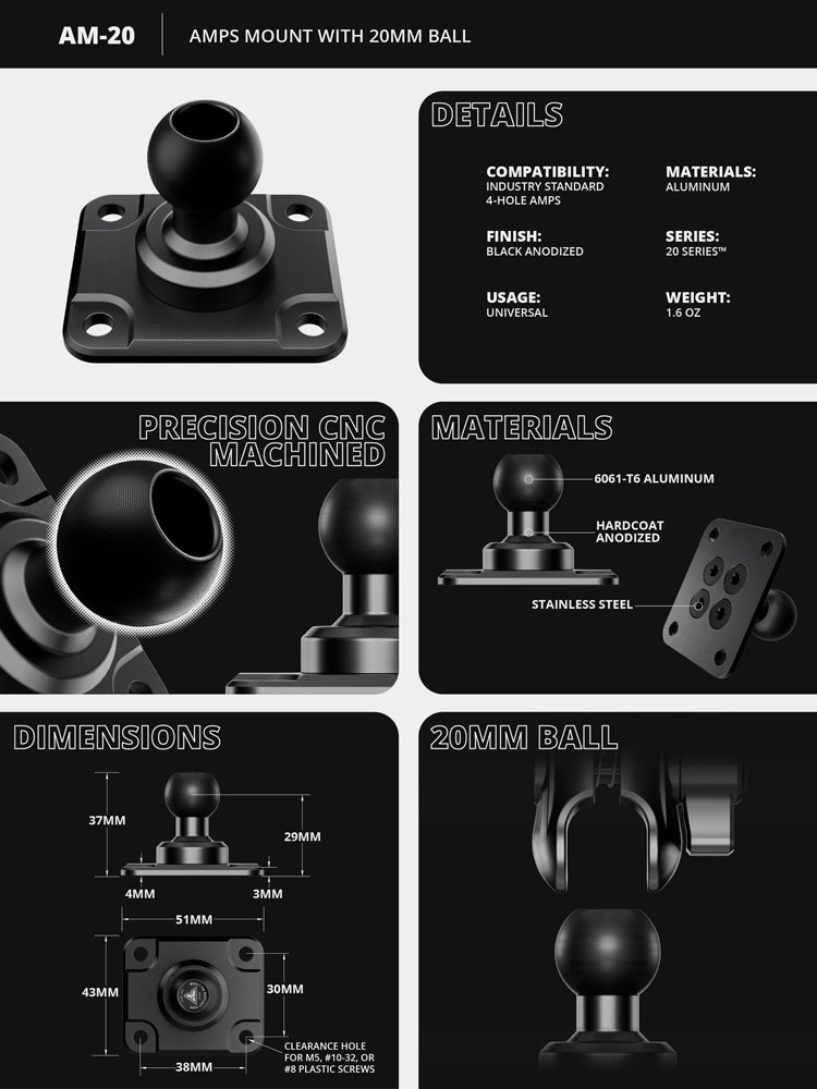 AMPS Mount | No Hardware Kit | Aluminum | 20mm Metal Ball | Version 3.0