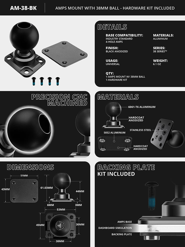 AMPS Mount | Hardware Kit Included | Aluminum | 38mm Metal Ball | Version 3.0