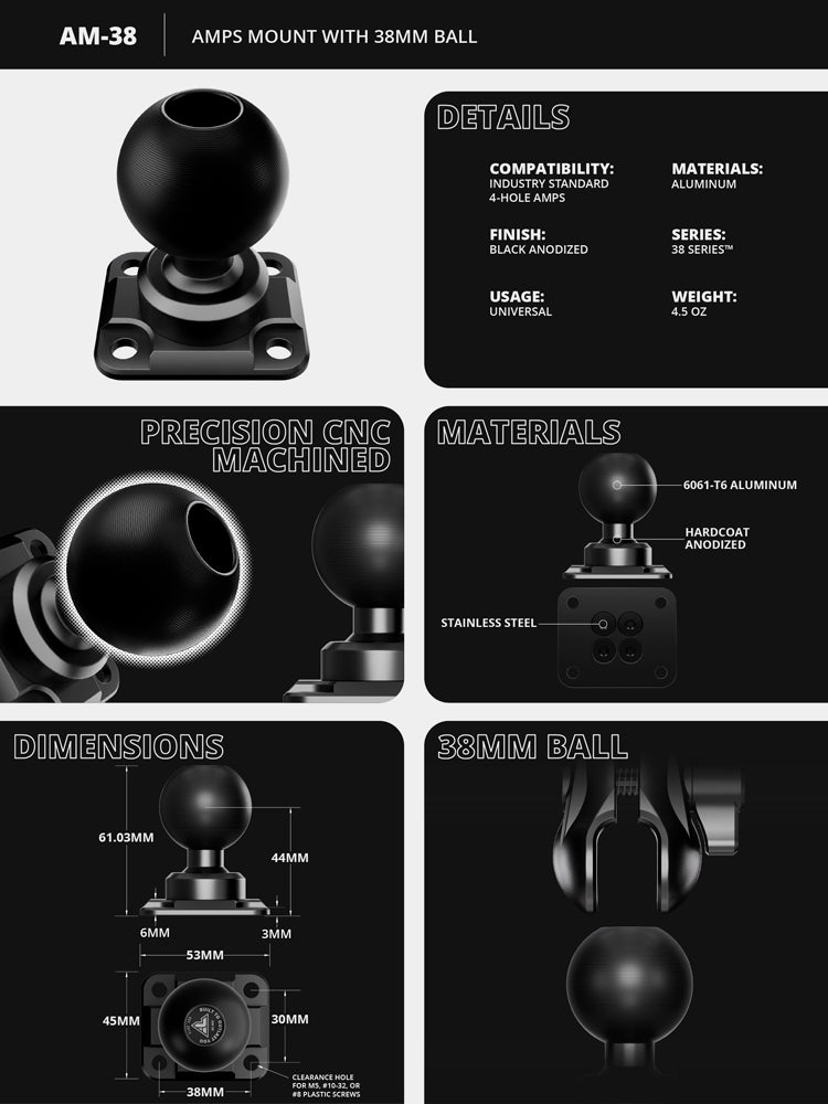 AMPS Mount | No Hardware Kit | Aluminum | 38mm Metal Ball | Version 3.0