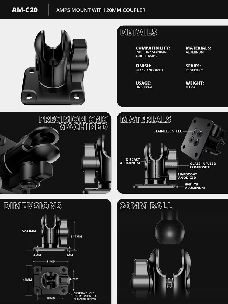 AMPS Short Reach Adapter | No Hardware Kit | 20mm Ball Socket | Version 3.0