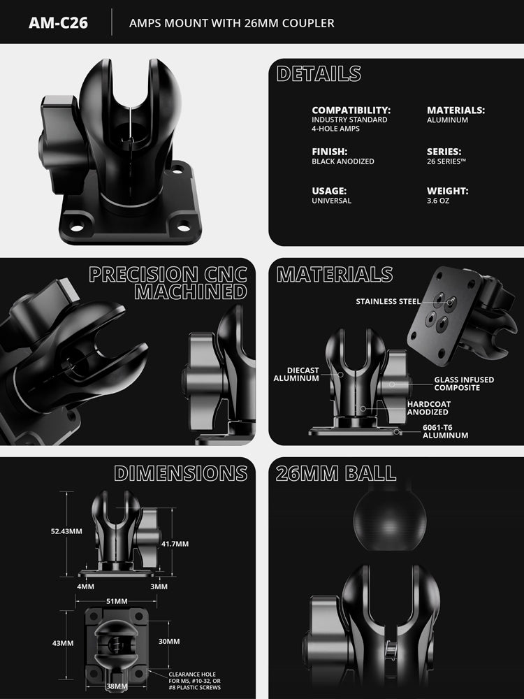 AMPS Short Reach Adapter | No Hardware Kit | 26mm Ball Socket | Version 3.0