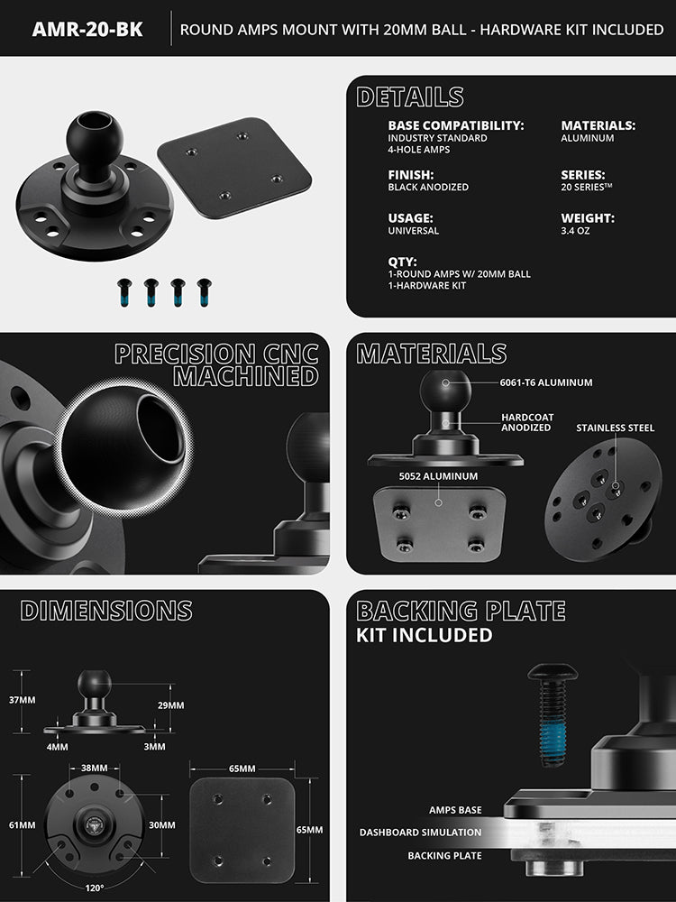 Round AMPS Mount | Hardware Kit Included | Aluminum | 20mm Metal Ball | Version 3.0