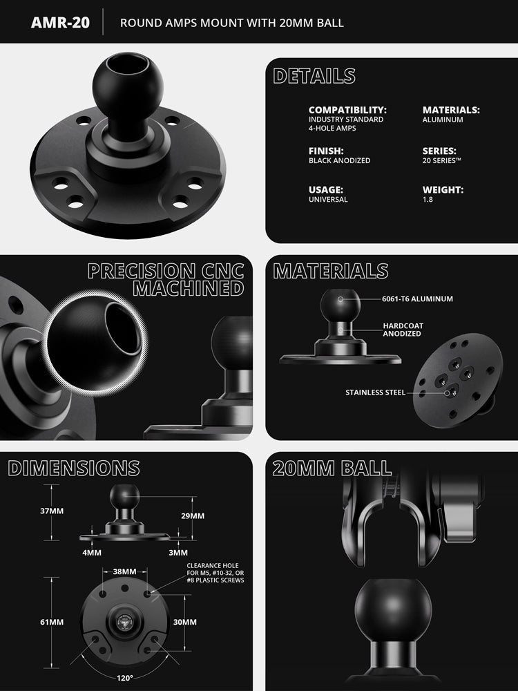 Round AMPS Mount | No Hardware Kit | Aluminum | 20mm Metal Ball | Version 3.0