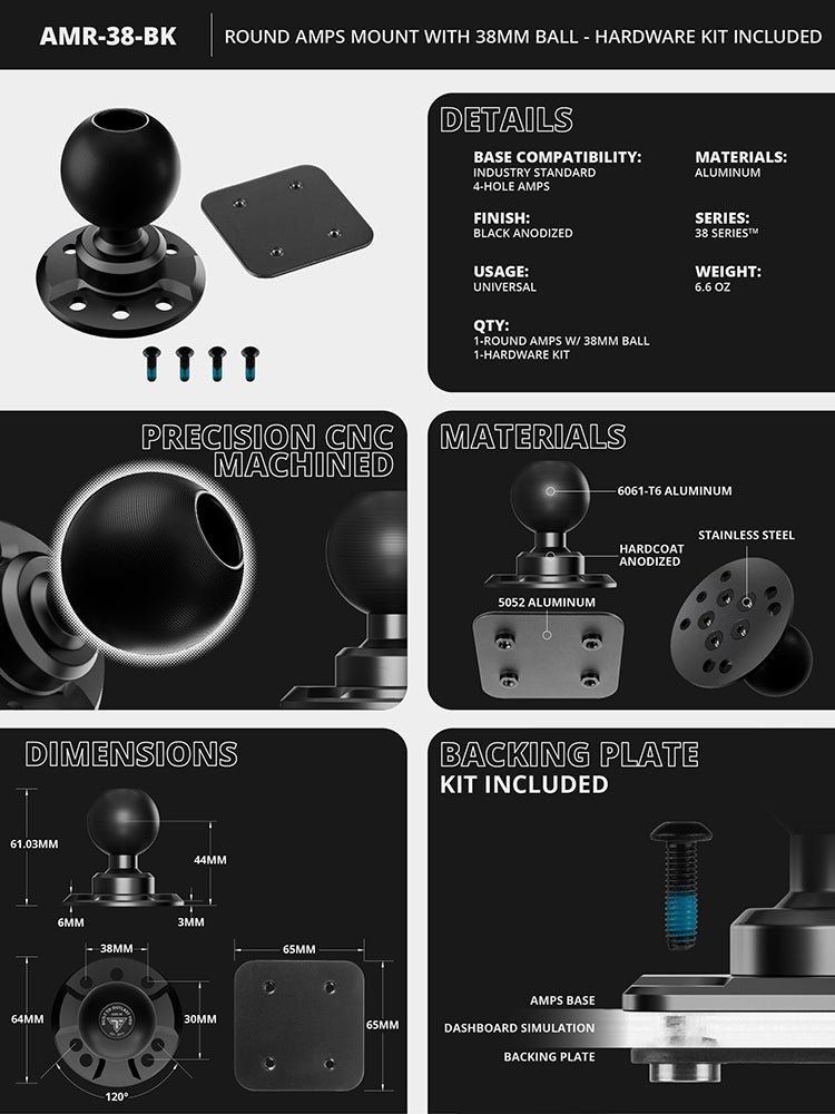 Round AMPS Mount | Hardware Kit Included | Aluminum | 38mm Metal Ball | Version 3.0