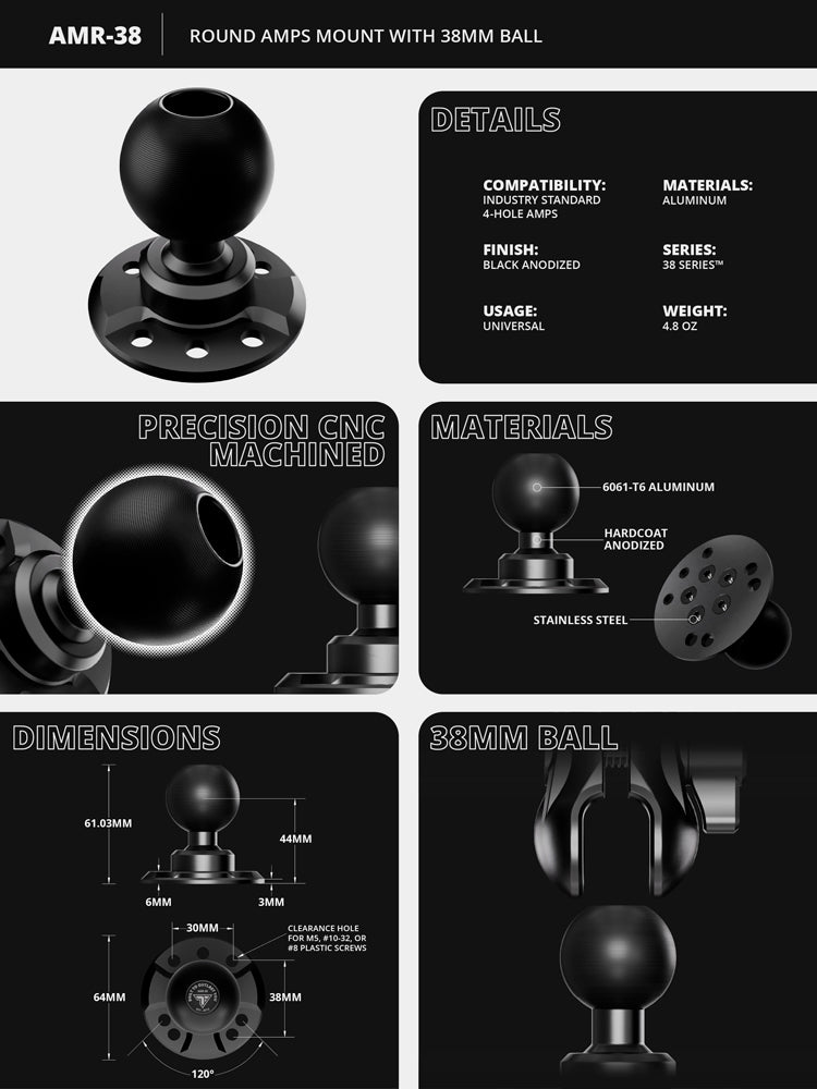 Round AMPS Mount | No Hardware Kit | Aluminum | 38mm Metal Ball | Version 3.0