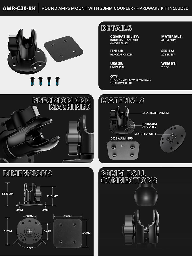 Round AMPS Short Reach Adapter | Hardware Kit Included | 20mm Ball Socket | Version 3.0