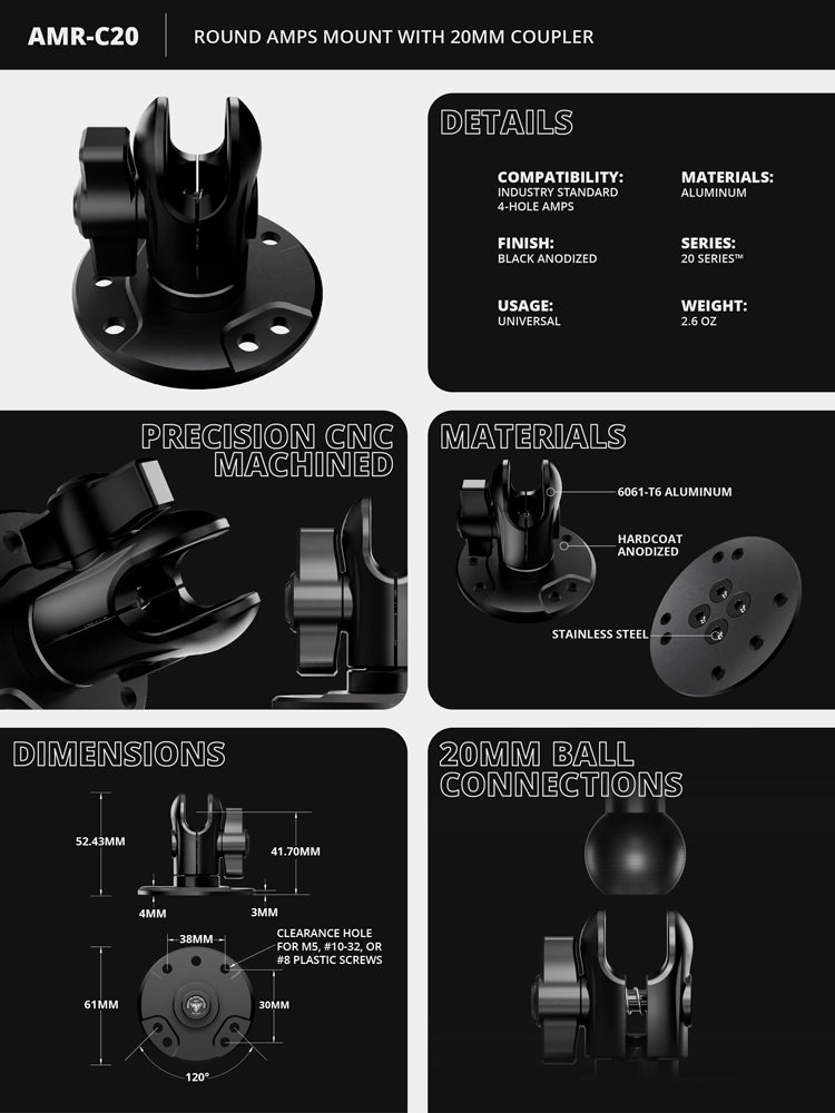 Round AMPS Short Reach Adapter | No Hardware Kit | 20mm Ball Socket | Version 3.0