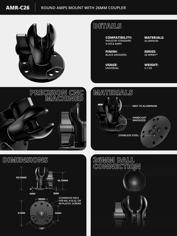 Round AMPS Short Reach Adapter | No Hardware Kit | 26mm Ball Socket | Version 3.0