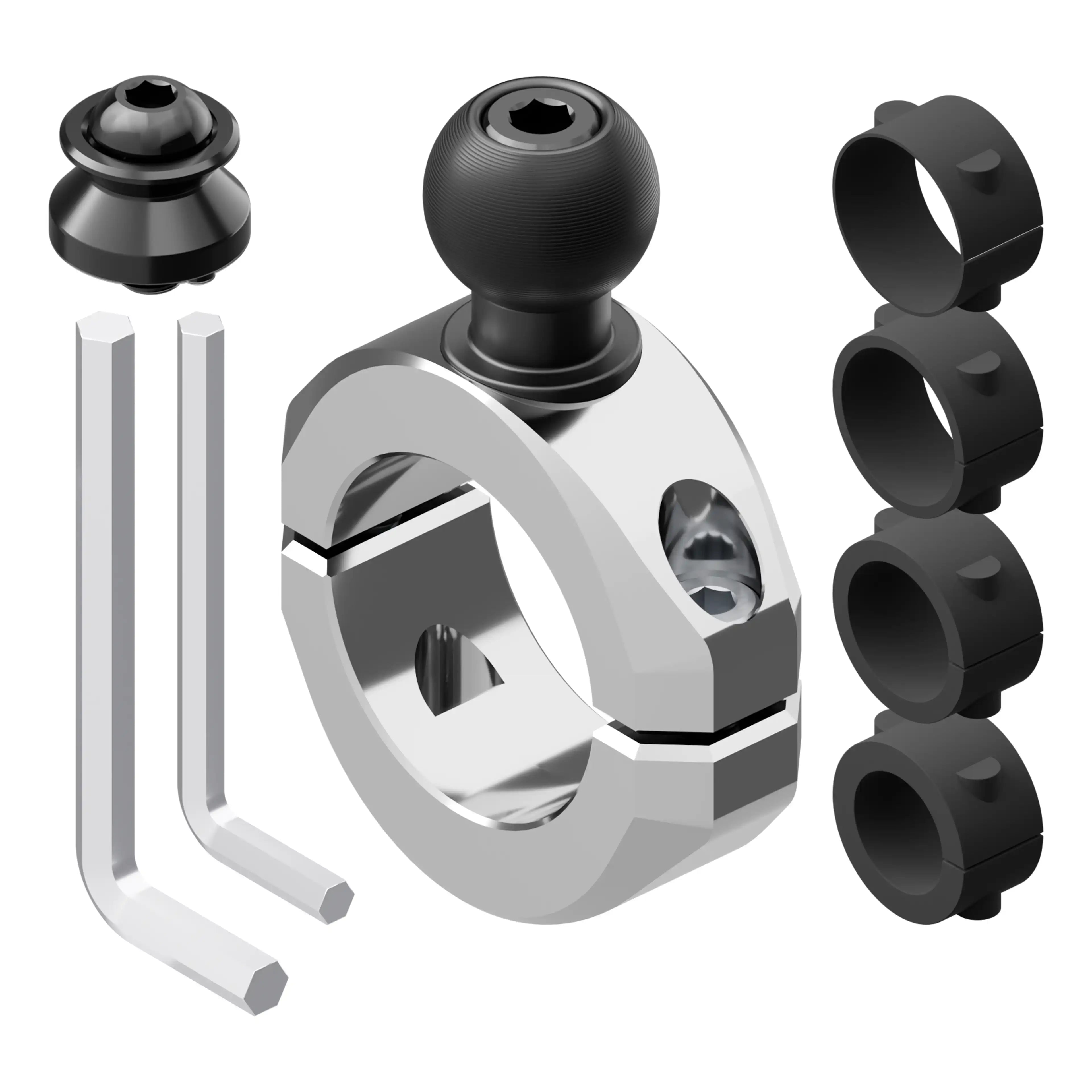 BC3 Universal Clamp for 7/8" to 1-1/4" Bars | Chrome | Combo 20mm Metal Ball and Dovetail | Bushings Included