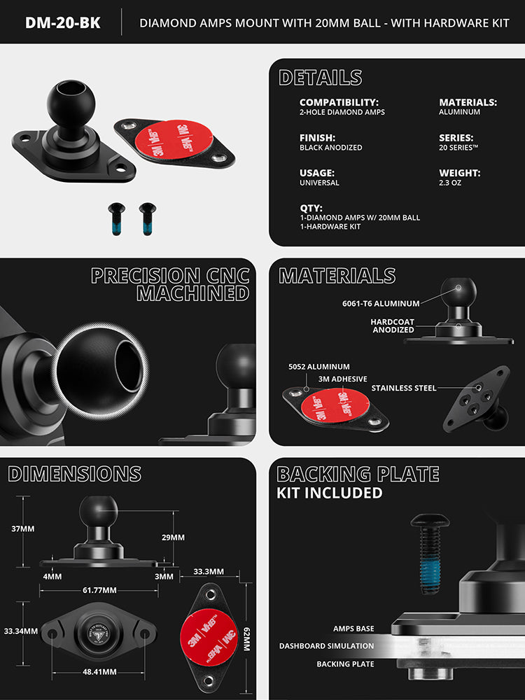 Diamond AMPS Mount | Hardware Kit Included | Aluminum | 20mm Metal Ball | Version 3.0