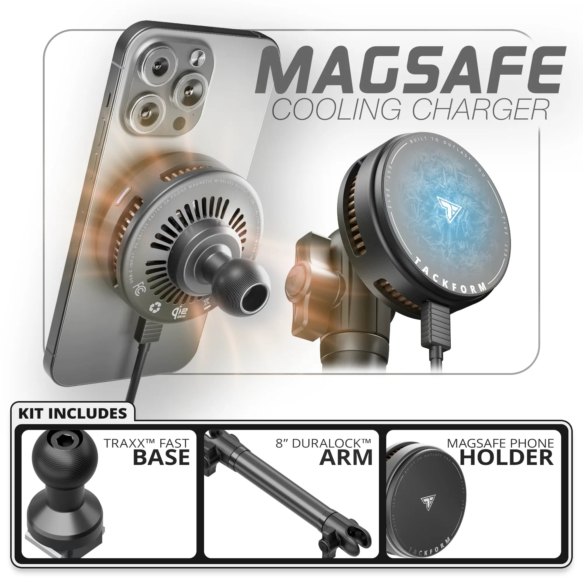 MagSafe Charging & Cooling Phone Holder | TRAXX™ - Fast Track Base | 8" DuraLock™ Arm