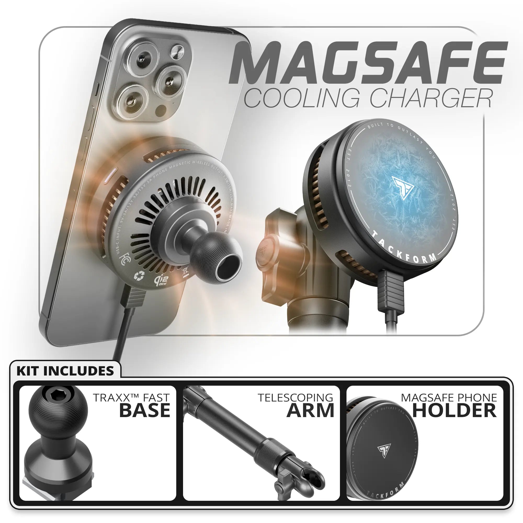 MagSafe Charging & Cooling Phone Holder | TRAXX™ - Fast Track Base | 7.5"-9.25" Telescoping Arm