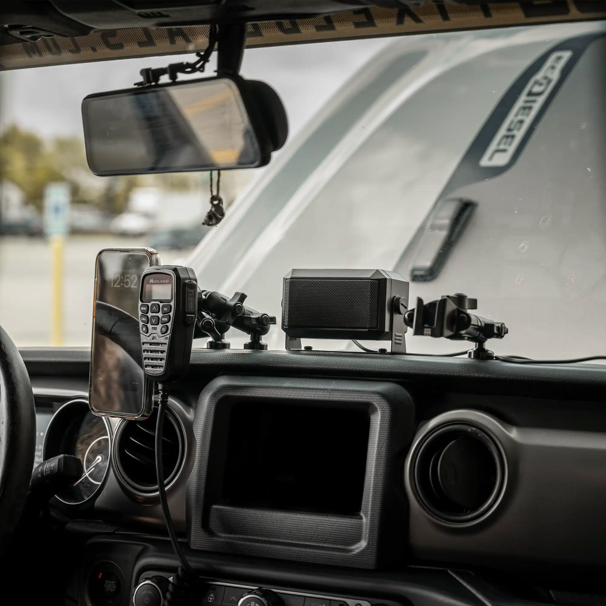 Jeep JL Full Length Dash Bracket with Midland Radio Mount, Phone Mount, and CB Microphone Mount