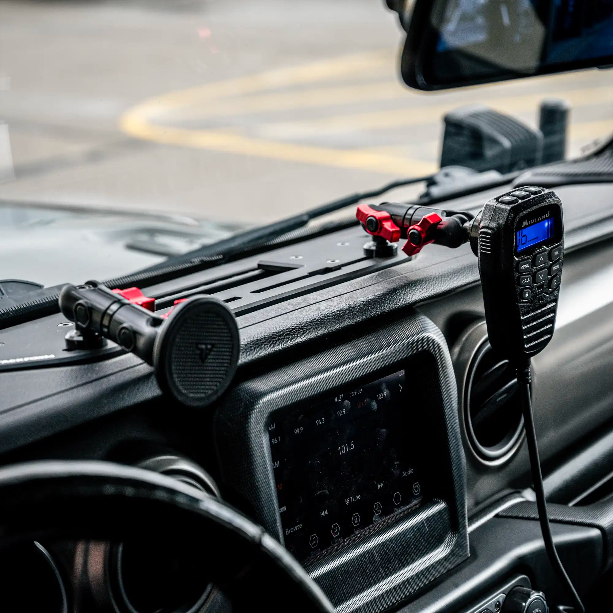 All Metal Full Length Jeep JL Dash Bracket with Radio Holder MagSafe Phone Holder and Red Color Accents