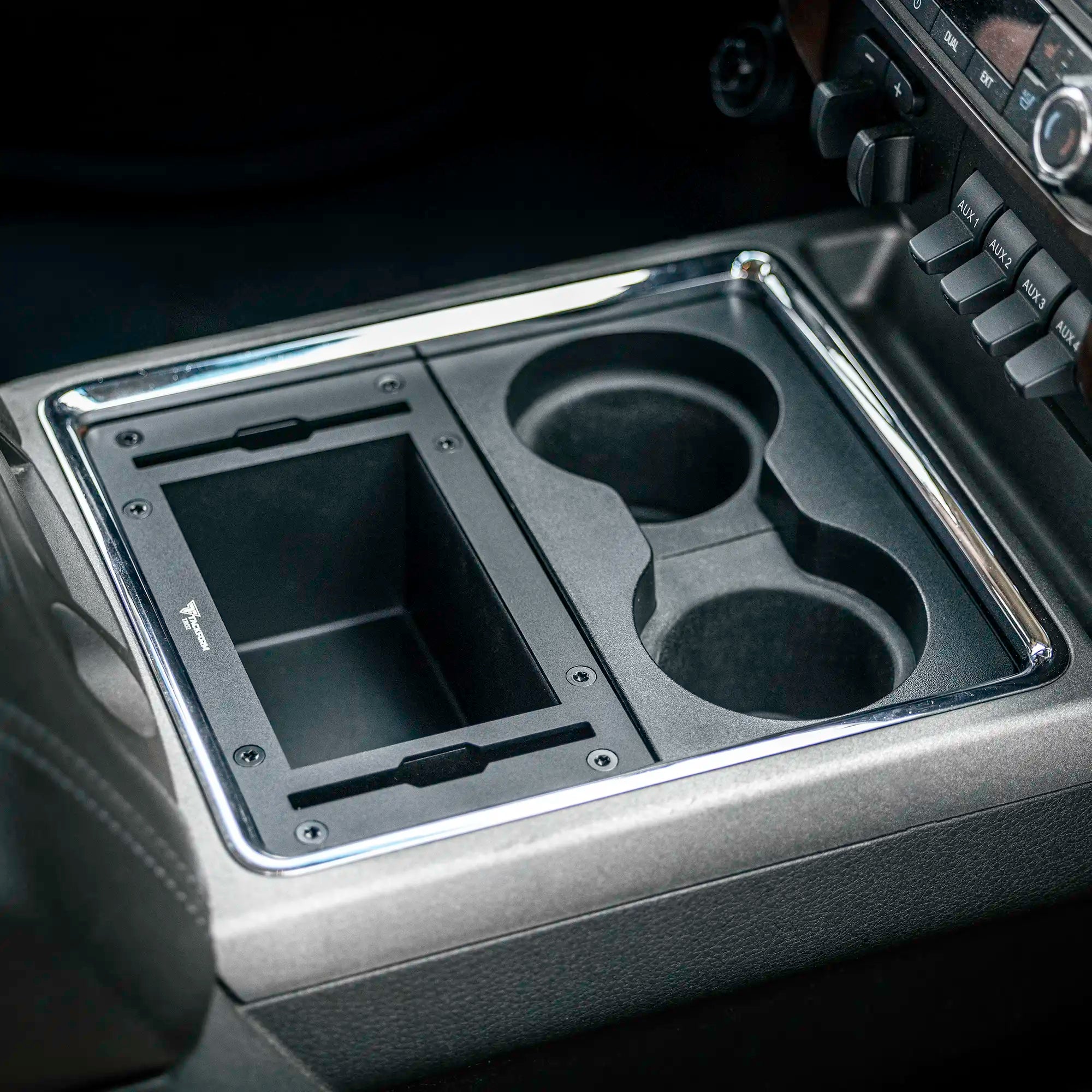 device mount bracket installed in the center console of a 2011-2016 ford super duty