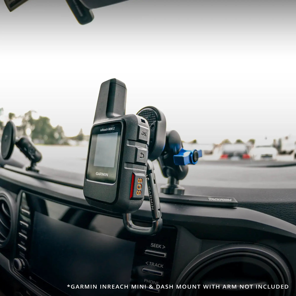 Tackform Garmin InReach Mini Mount with 20mm Metal Ball and Spring-Loaded design installed in a 3rd Gen Toyota Tacoma