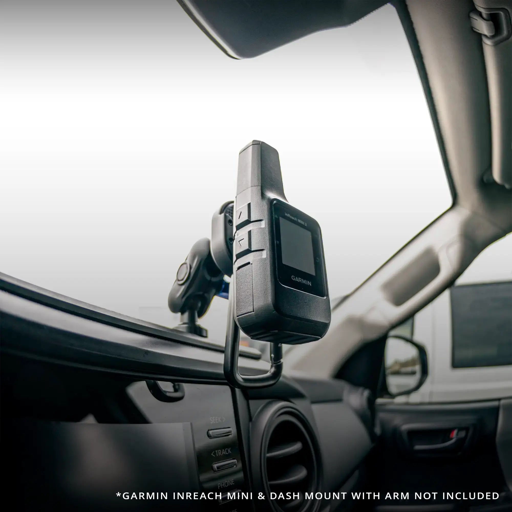 Tackform Garmin InReach Mini Mount with 20mm Metal Ball installed in a 3rd Gen Toyota Tacoma Slim Track Dash Bracket