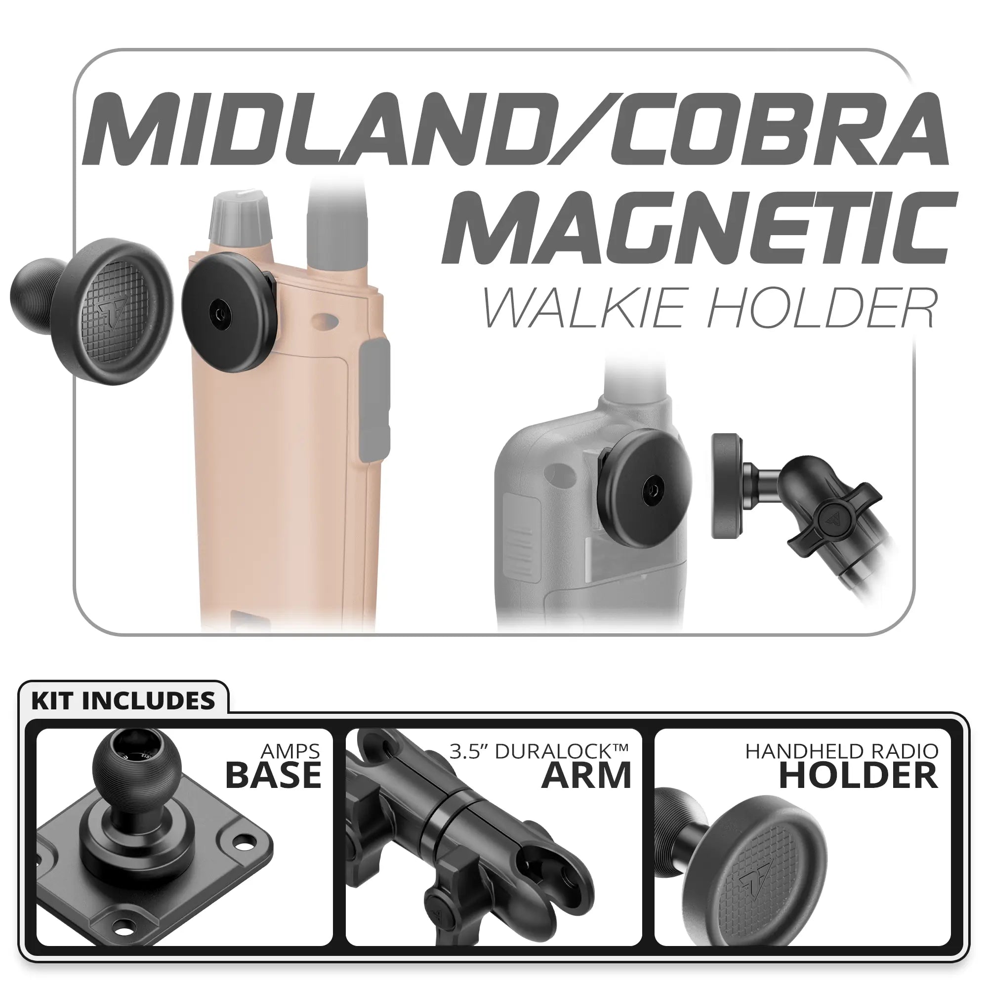 Midland & Cobra Magnetic Handheld Radio Holder | Fast AMPS Base | 3.5" DuraLock Arm