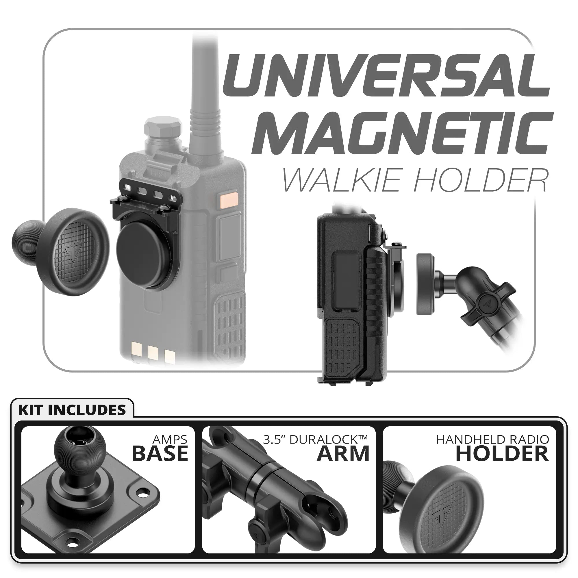 Universal Magnetic Handheld Radio Holder | Fast AMPS Base | 3.5" DuraLock Arm