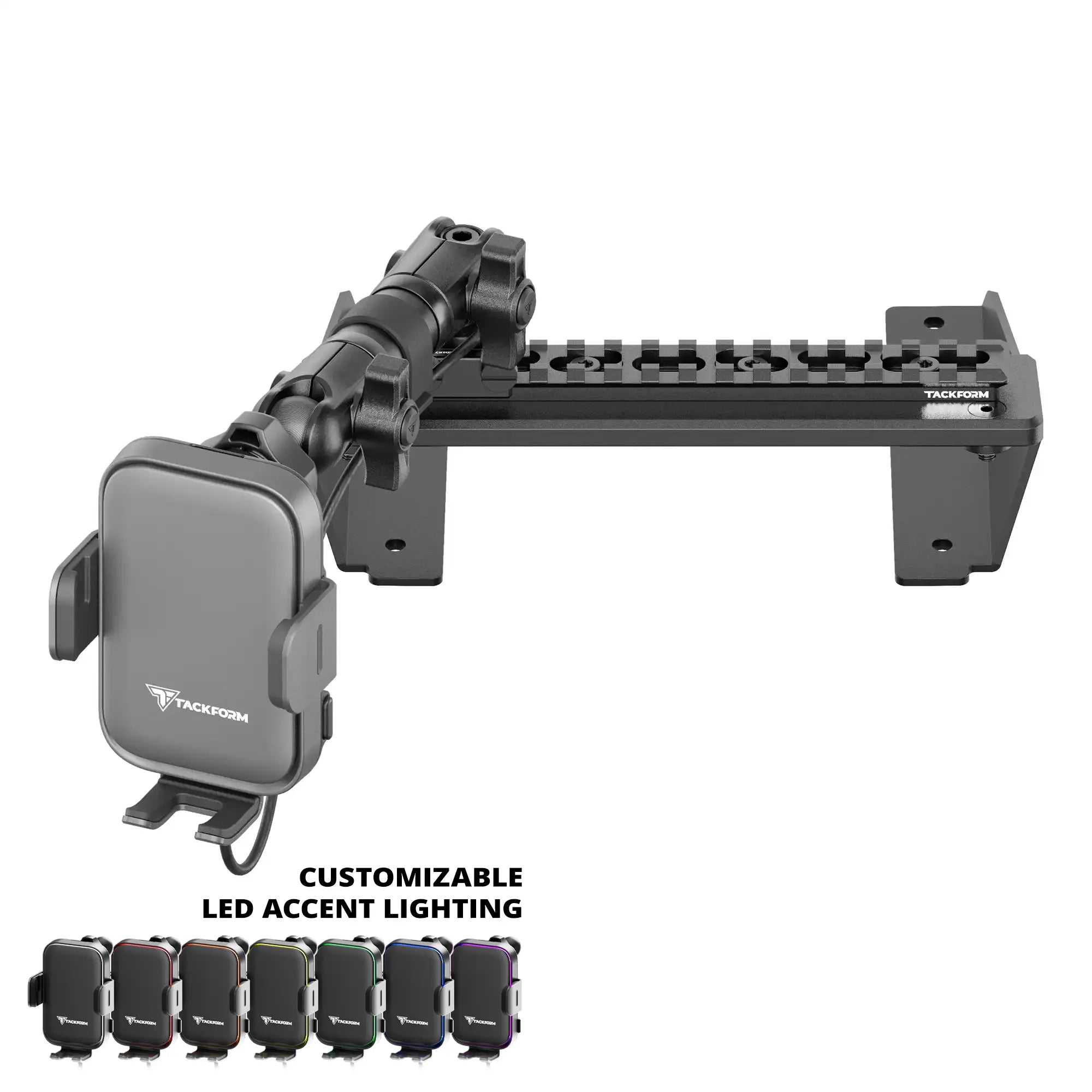 ‘15-‘20 Ford F-150, ‘17-‘22 Super Duty, ‘18-‘21 Expedition Tackform Assault Track Picatinny Dash Bracket With Qi Wireless Charging Phone Mounts & Customizable LED Accent Lighting