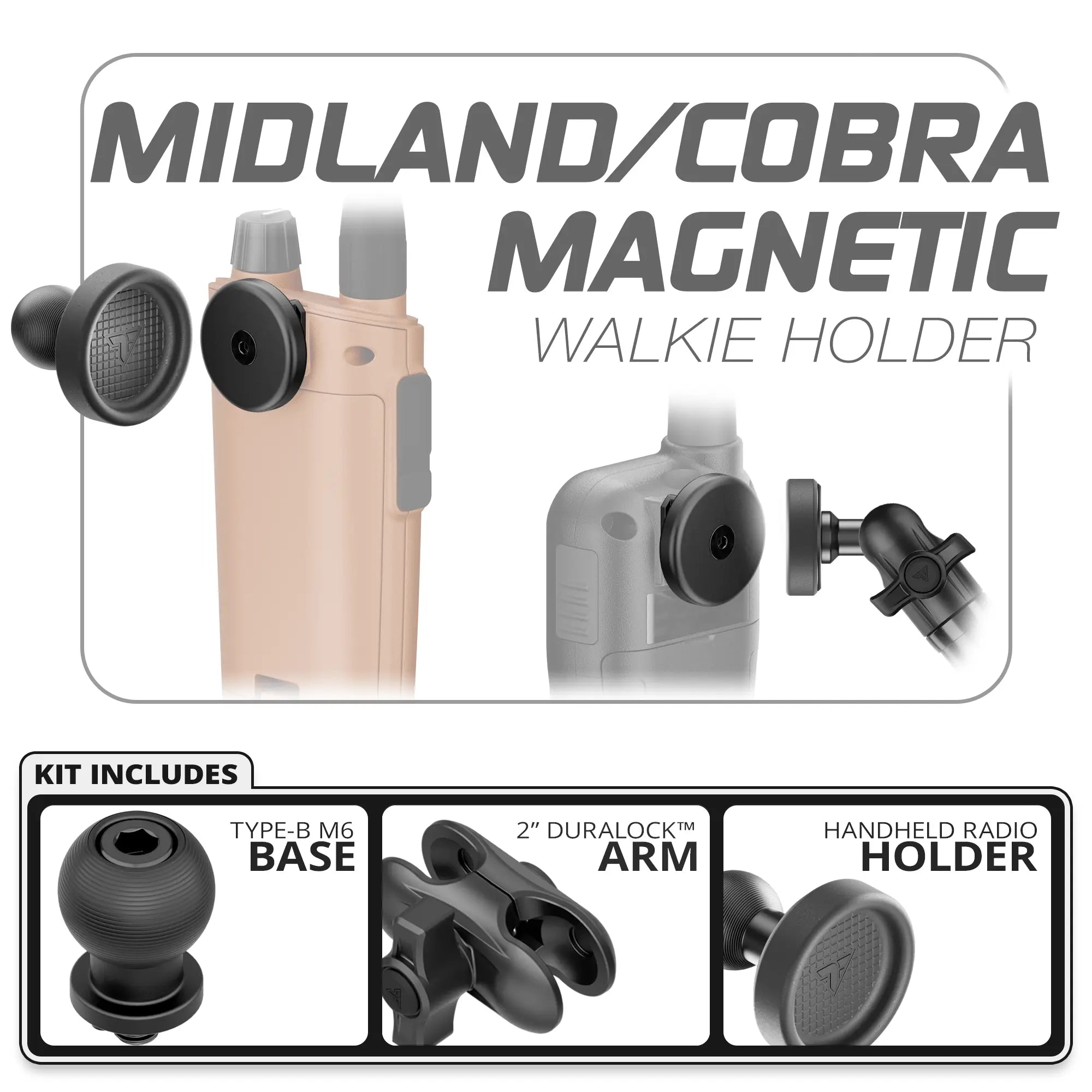 Midland & Cobra Magnetic Handheld Radio Holder | 20mm Type-B Base | 2" DuraLock Arm
