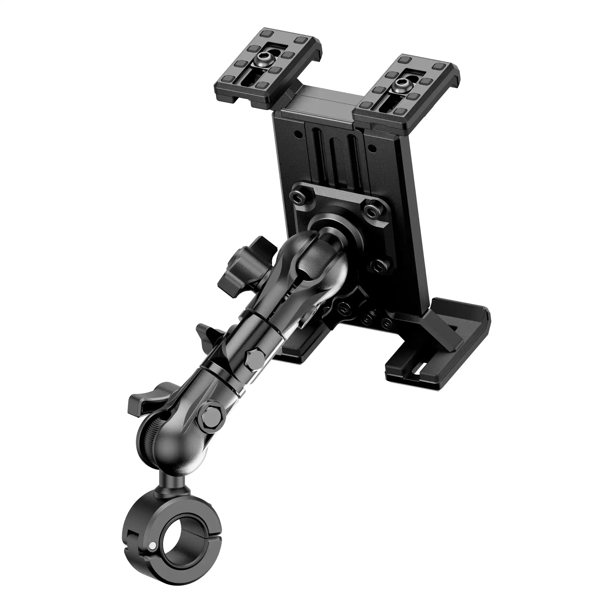 Product image of Polaris RZR All-Metal Spring-Loaded Tablet Mount for Roll Cage, Harness Bar, U-Bar with 5.25 inch arm with articulating elbow joint.
