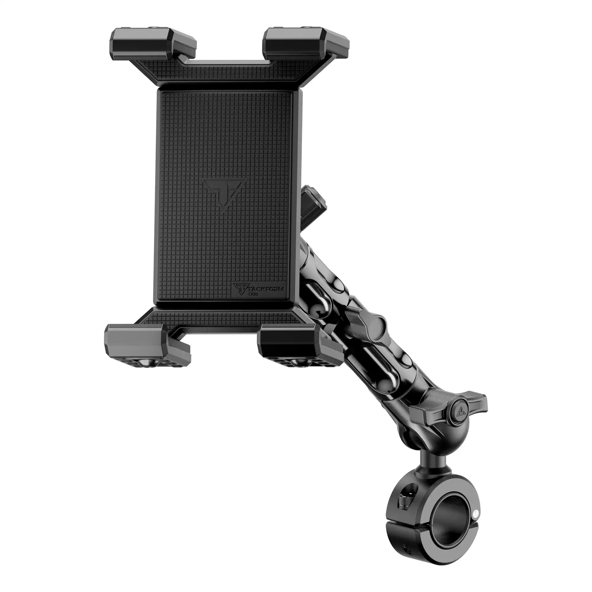 Product image of Polaris RZR All-Metal Spring-Loaded Tablet Mount for Roll Cage, Harness Bar, U-Bar with 7.75 inch arm with articulating elbow joint.