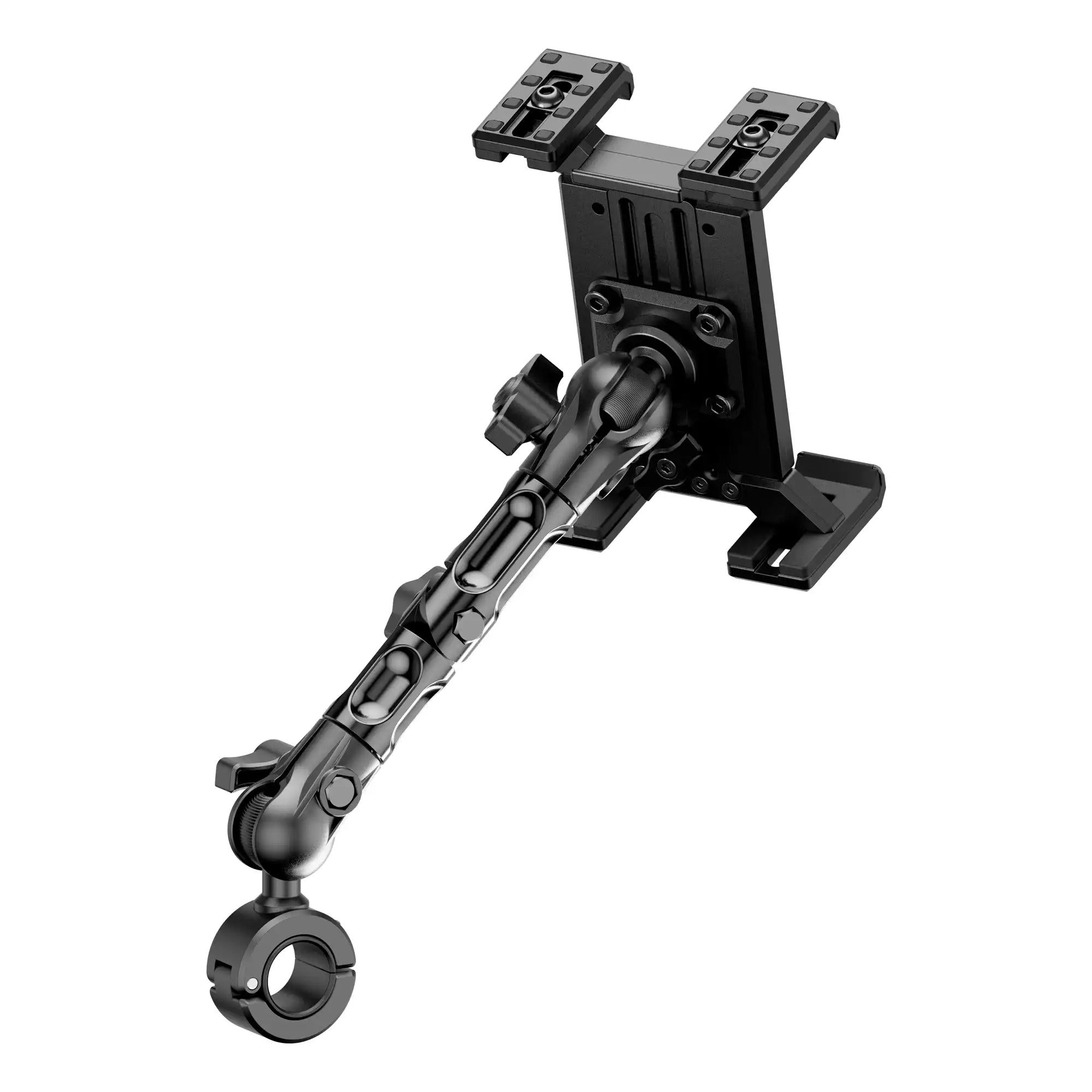Product image of Polaris RZR All-Metal Spring-Loaded Tablet Mount for Roll Cage, Harness Bar, U-Bar with 7.75 inch arm with articulating elbow joint.
