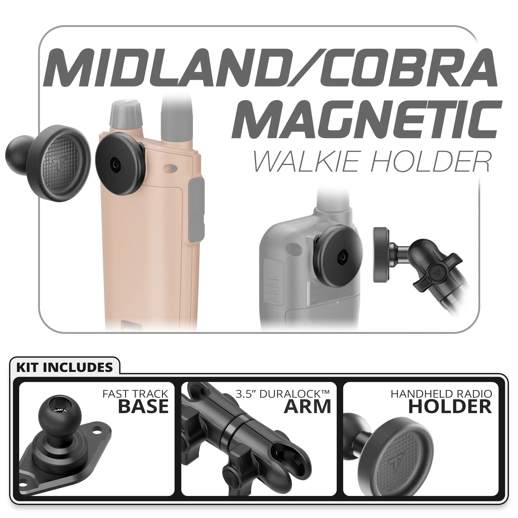 Midland & Cobra Magnetic Handheld Radio Holder | Diamond AMPS Base | 3.5" DuraLock Arm