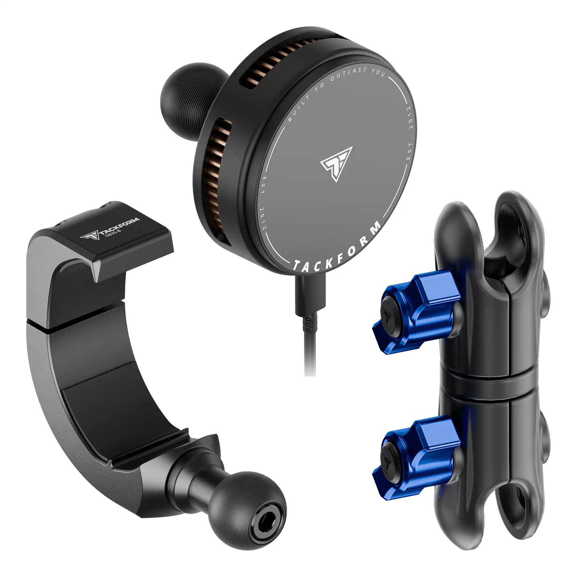 Product image of 2024+ Jeep Grab Bar Phone Mount Kit with 25W Wireless Charging Phone Holder and 3.5" Arm with blue accent hardware