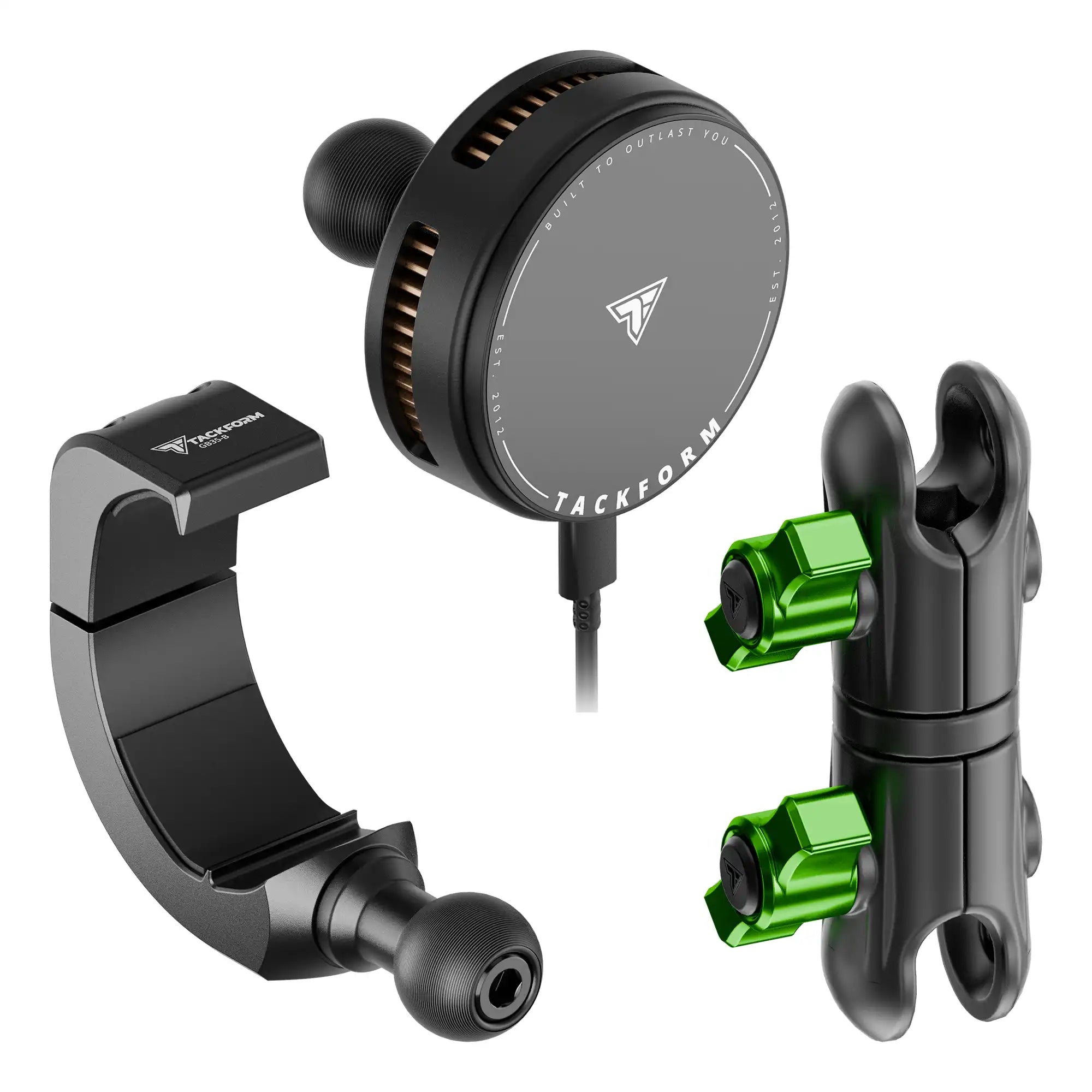 Product image of 2024+ Jeep Grab Bar Phone Mount Kit with 25W Wireless Charging Phone Holder and 3.5" Arm with green accent hardware