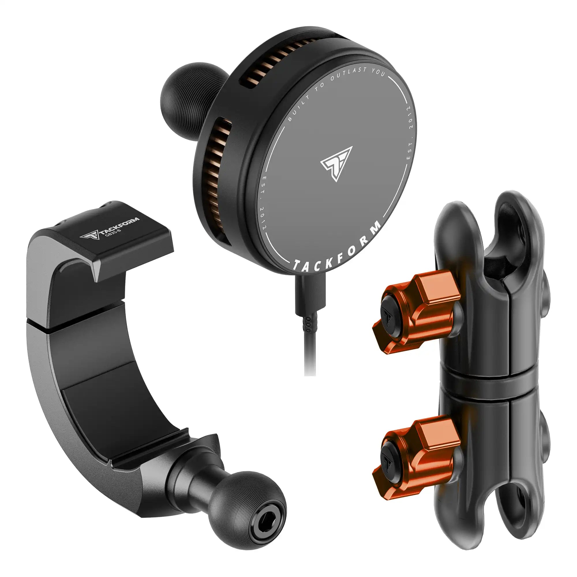 Product image of 2024+ Jeep Grab Bar Phone Mount Kit with 25W Wireless Charging Phone Holder and 3.5" Arm with orange accent hardware
