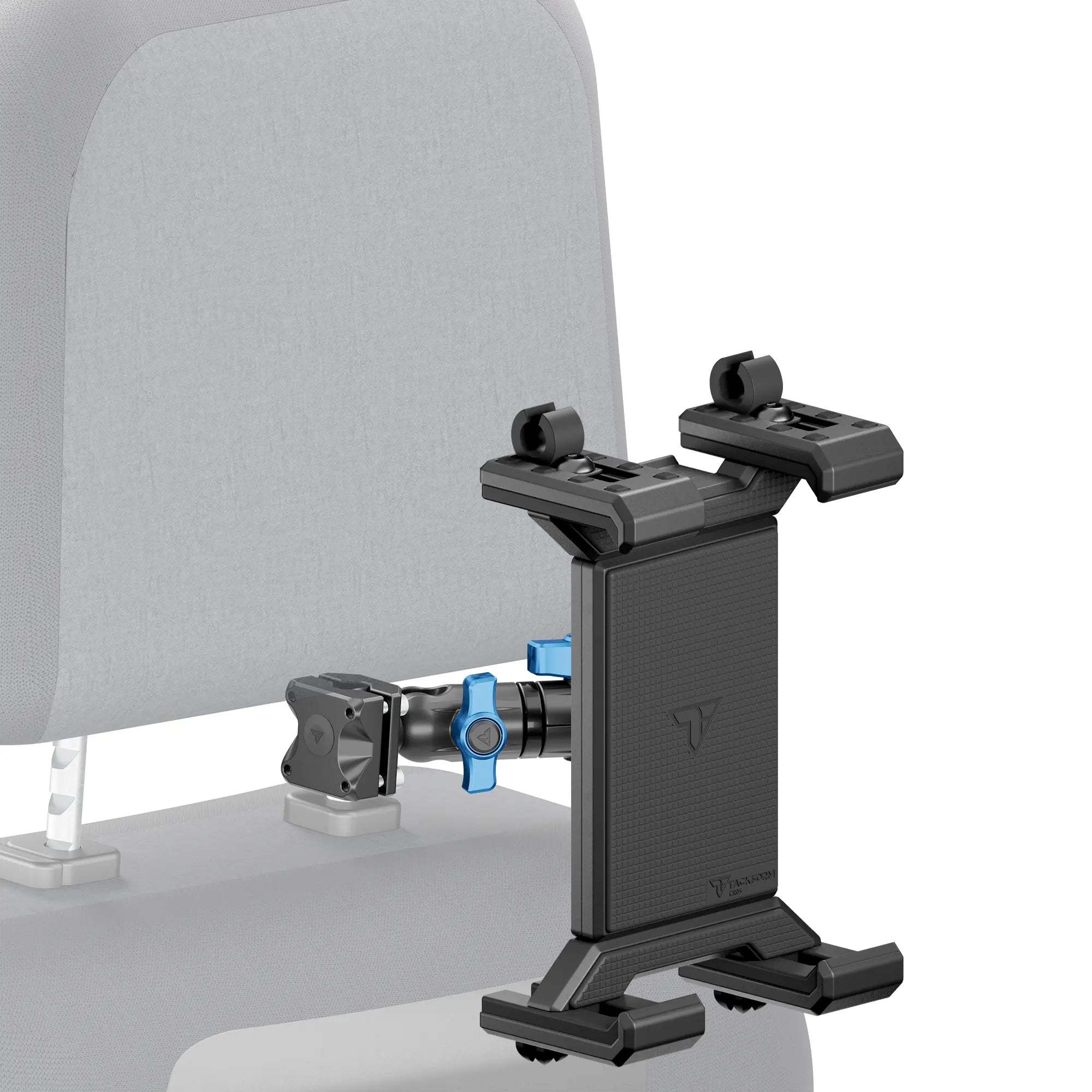 Black tablet cradle mounted on a vehicle headrest with blue accent hardware