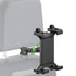 Black tablet cradle mounted on a vehicle headrest with green accent hardware
