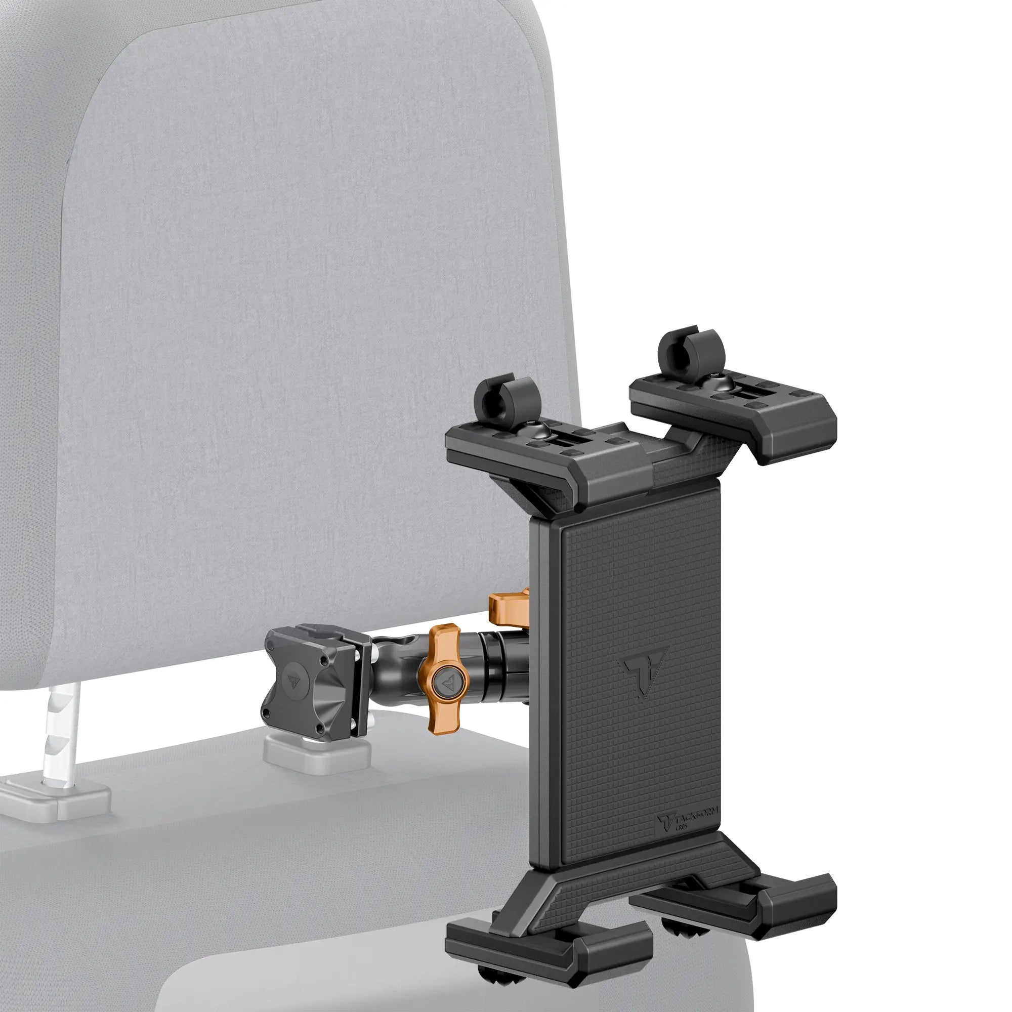 Black tablet cradle mounted on a vehicle headrest with orange accent hardware