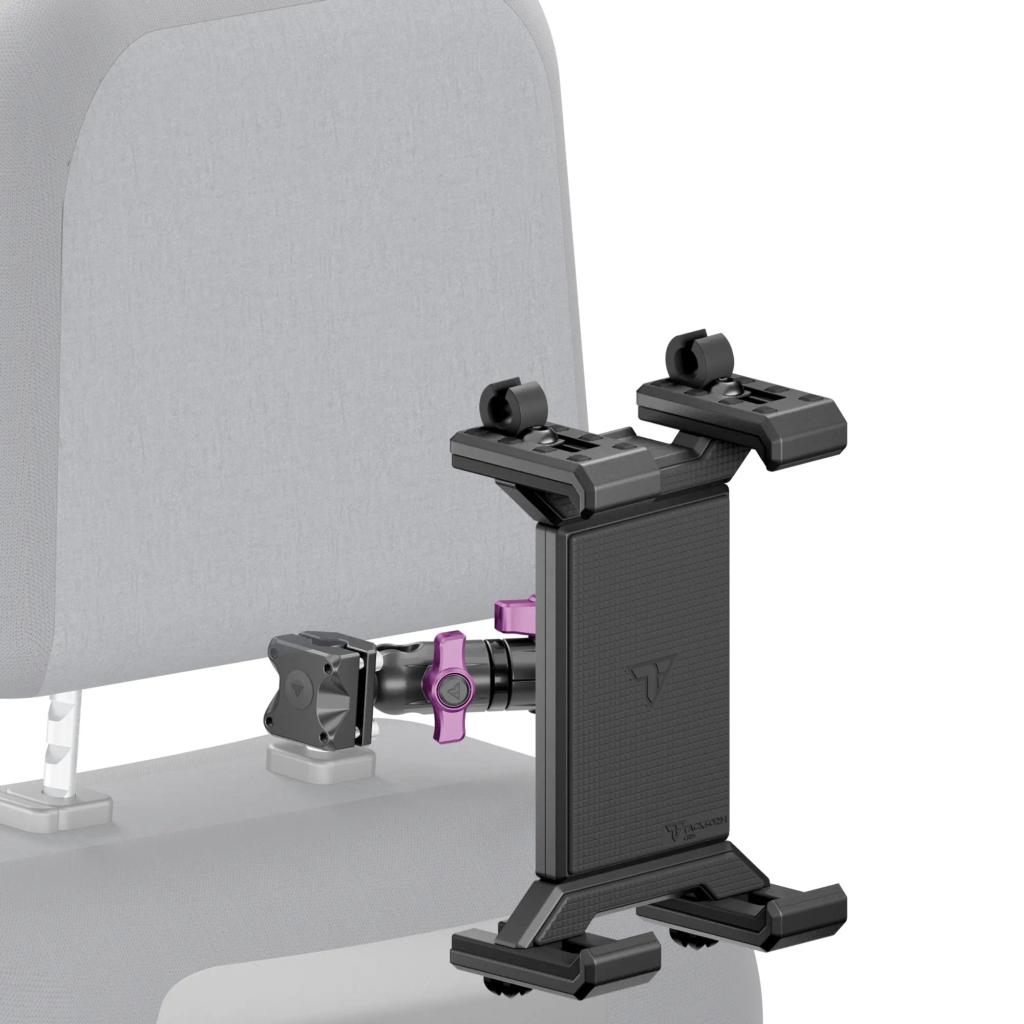 Black tablet cradle mounted on a vehicle headrest with purple accent hardware