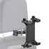 Black tablet cradle mounted on a vehicle headrest with purple accent hardware
