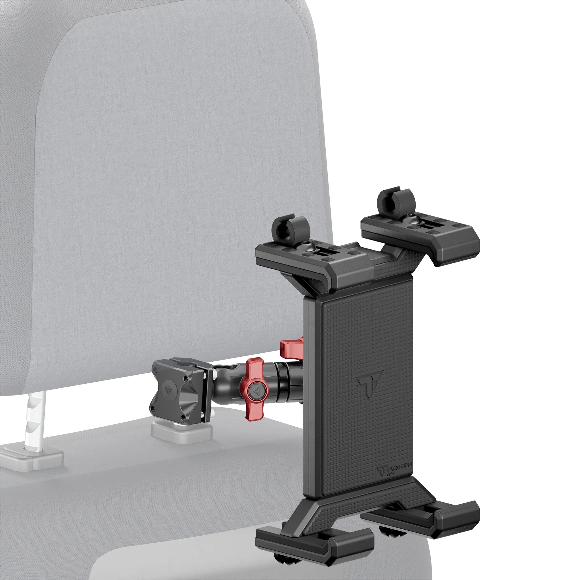 Black tablet cradle mounted on a vehicle headrest with red accent hardware