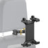 Black tablet cradle mounted on a vehicle headrest with yellow accent hardware