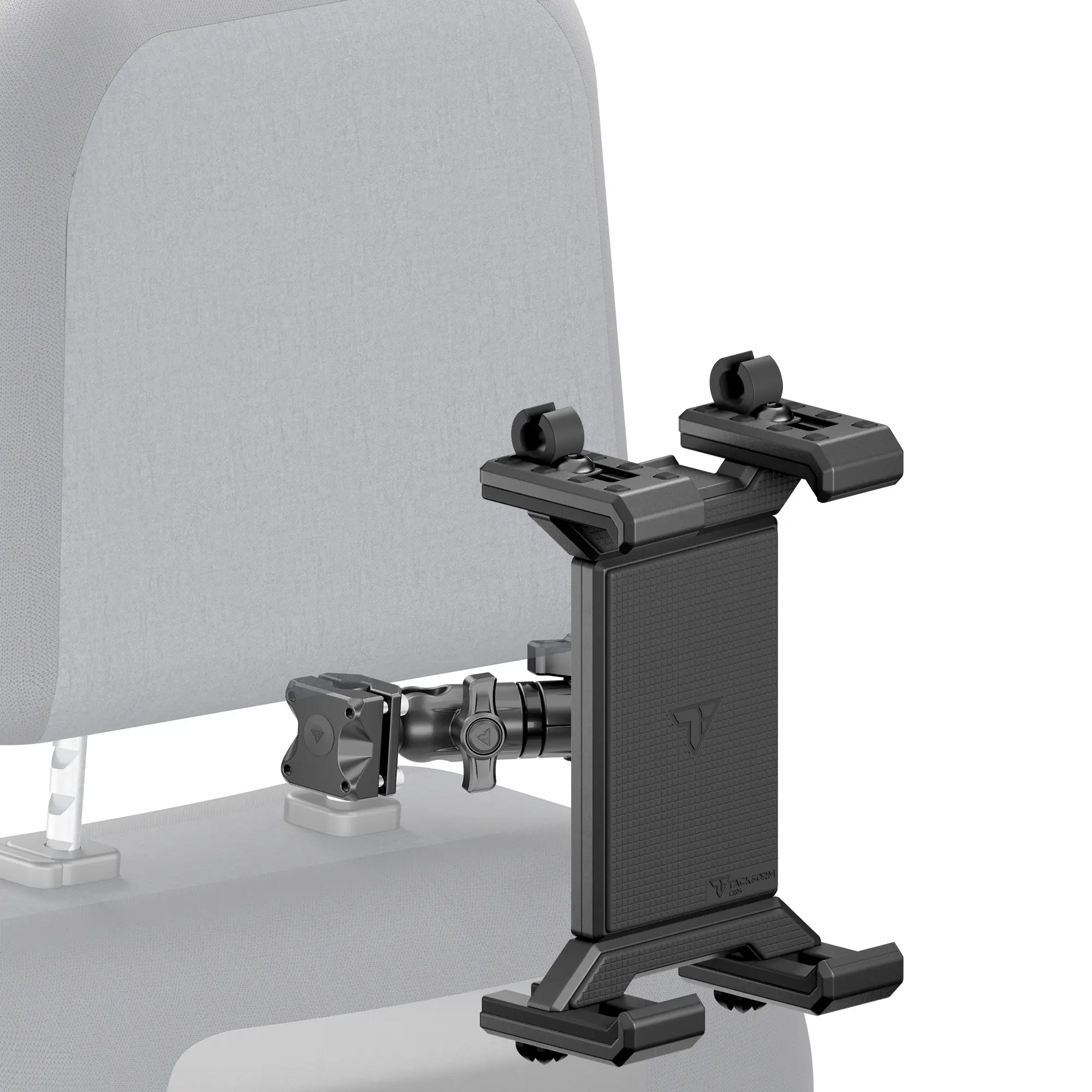 Black tablet cradle mounted on a vehicle headrest