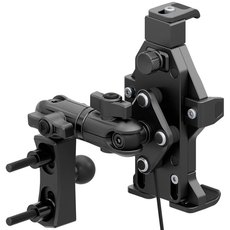 Black Motorcycle Adventure Phone Cradle | Wireless Charging and Vibration Dampening | Dual 20mm Ball - Perch / Brake / Clutch Reservoir Mount | 3.5" DuraLock™ Arm