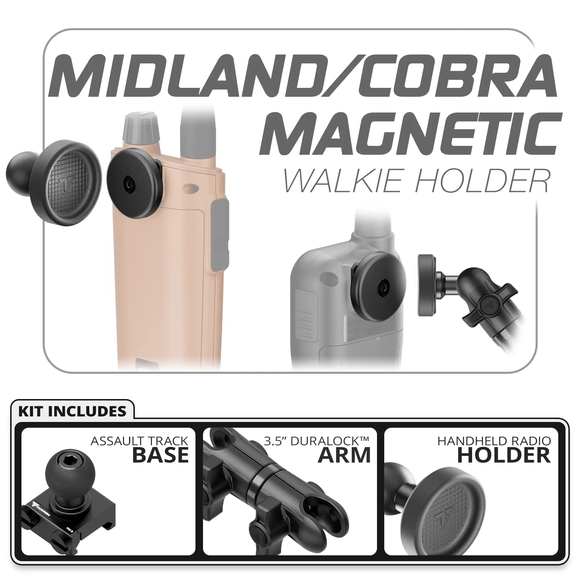 Midland & Cobra Magnetic Handheld Radio Holder | Assault Track Picatinny Base | 3.5" DuraLock Arm